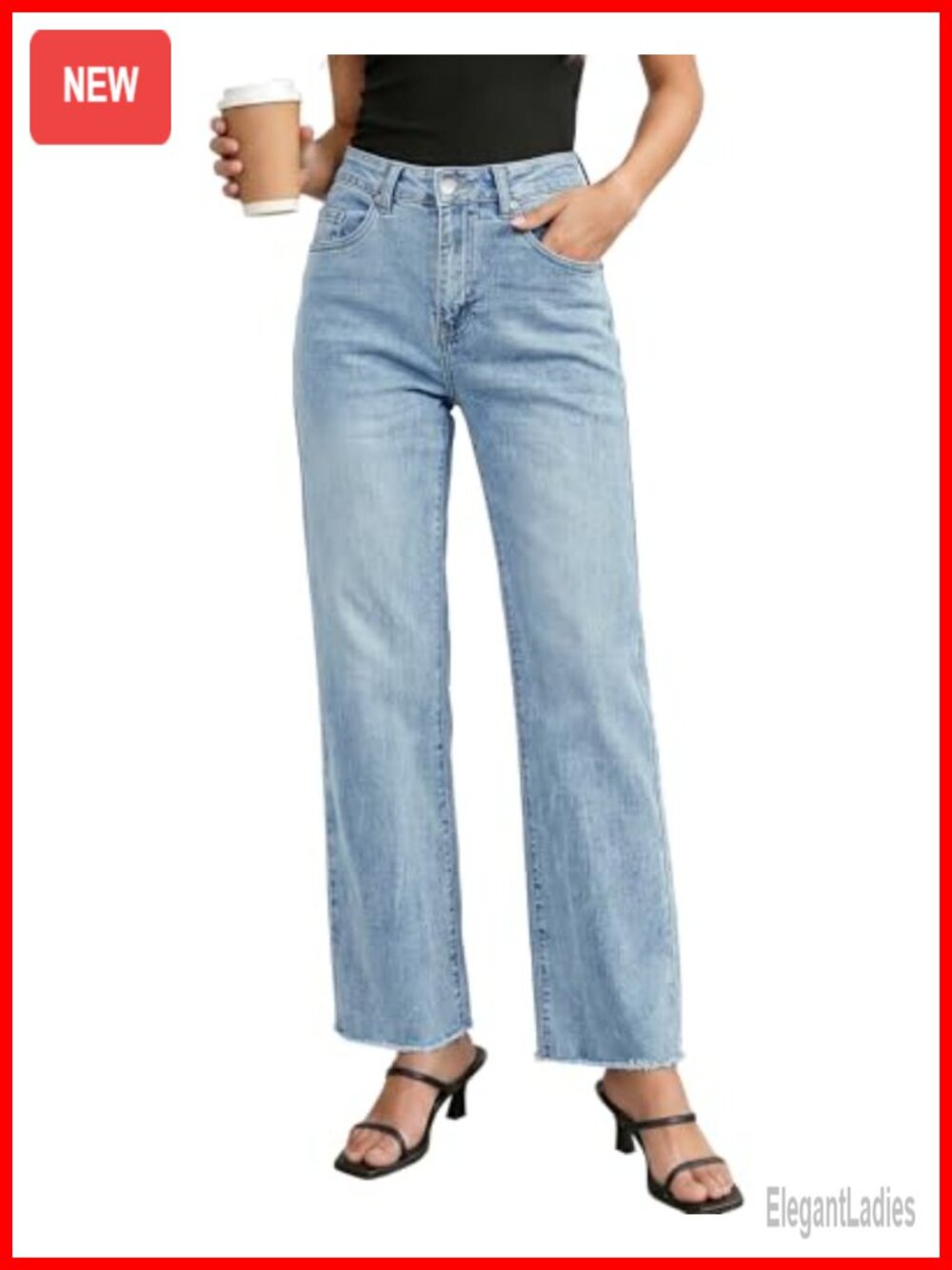High Waisted Stretchy Straight Leg Jeans with Frayed Raw Hem for Women